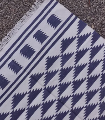 reversible deep blue cotton rug handmade Jodhpur