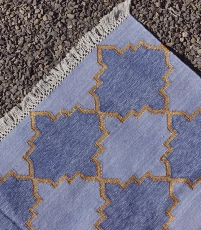 reversible light blue cotton rug handmade Jodhpur