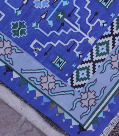 royal blue cotton dhurrie rug flatweave texture