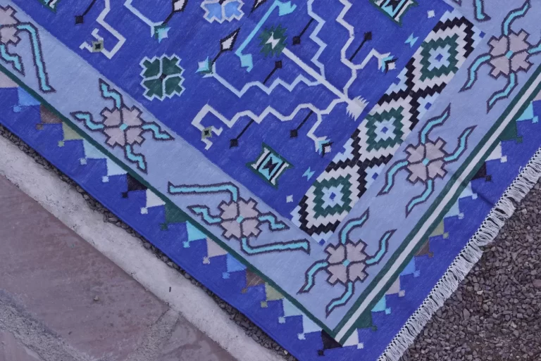 royal blue cotton dhurrie rug flatweave texture