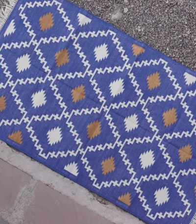 reversible royal blue cotton rug handmade Jodhpur