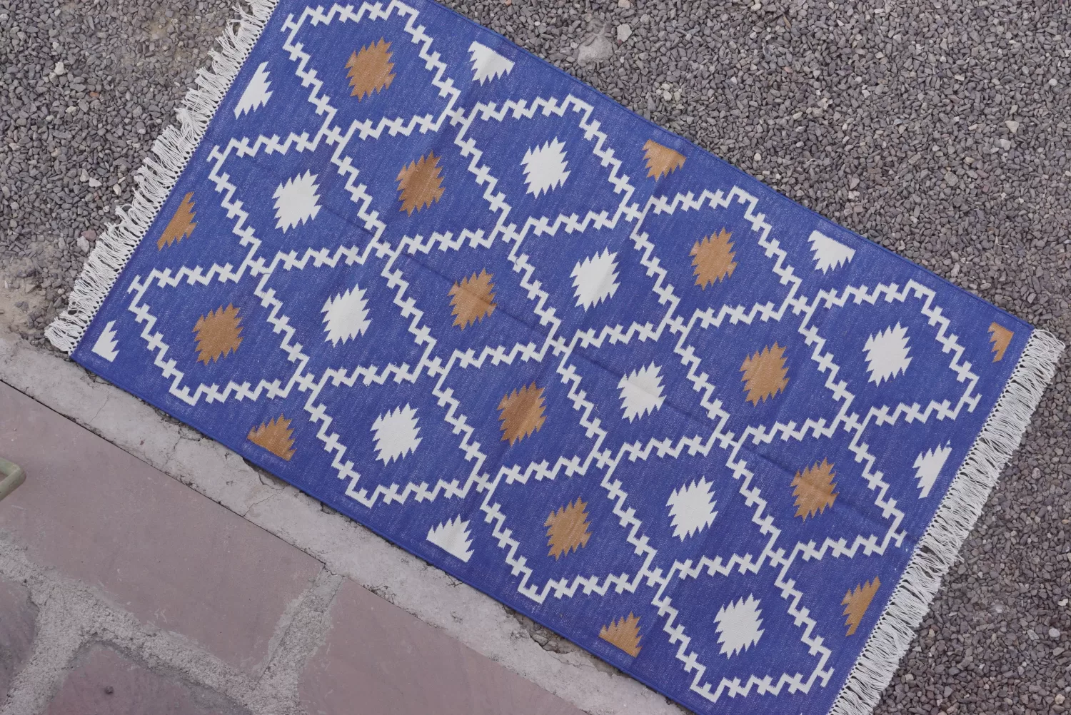 Geometric Stepped Diamond Blue Rugs 3x5 ft | Rugmoda - Reverse Side reversible royal blue cotton rug handmade Jodhpur