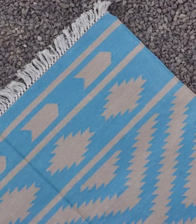 reversible sky blue cotton rug handmade Jodhpur