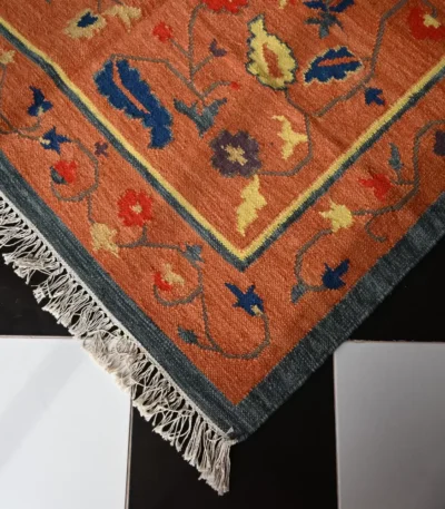 reversible rust orange wool rug handmade Jodhpur