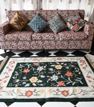 dark green wool dhurrie rug flatweave texture