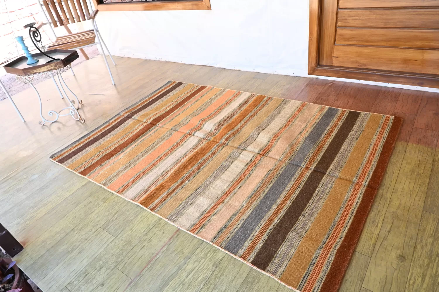 Multi-Color Striped Flatweave Orange Area Rug, 4x6 ft | Rugmoda - Texture Detail orange wool dhurrie rug flatweave texture
