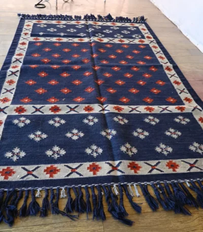 navy blue wool dhurrie rug flatweave texture