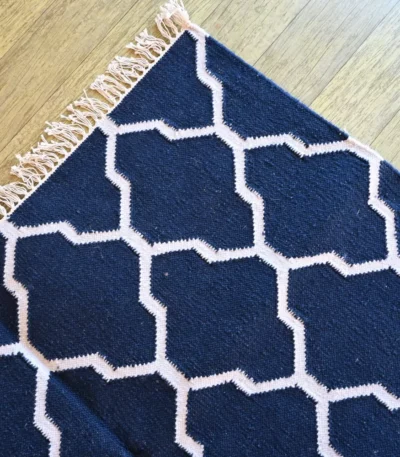 reversible navy blue wool rug handmade Jodhpur