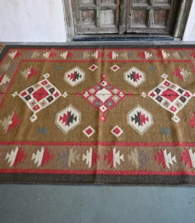 olive green wool dhurrie rug flatweave texture