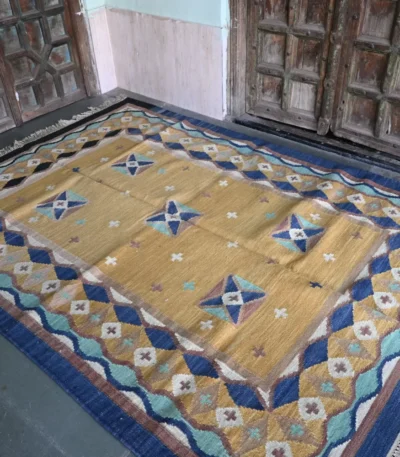 reversible mustard yellow wool rug handmade Jodhpur