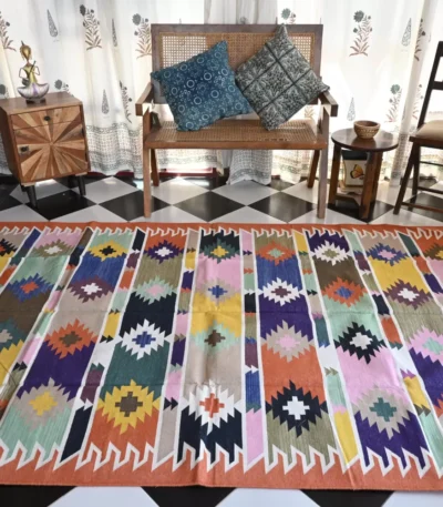 orange cotton dhurrie rug flatweave texture