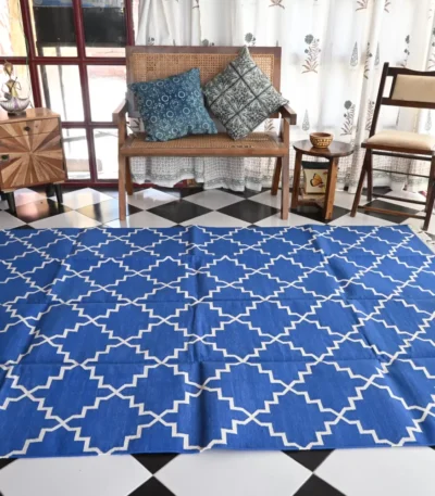 royal blue cotton dhurrie rug flatweave texture