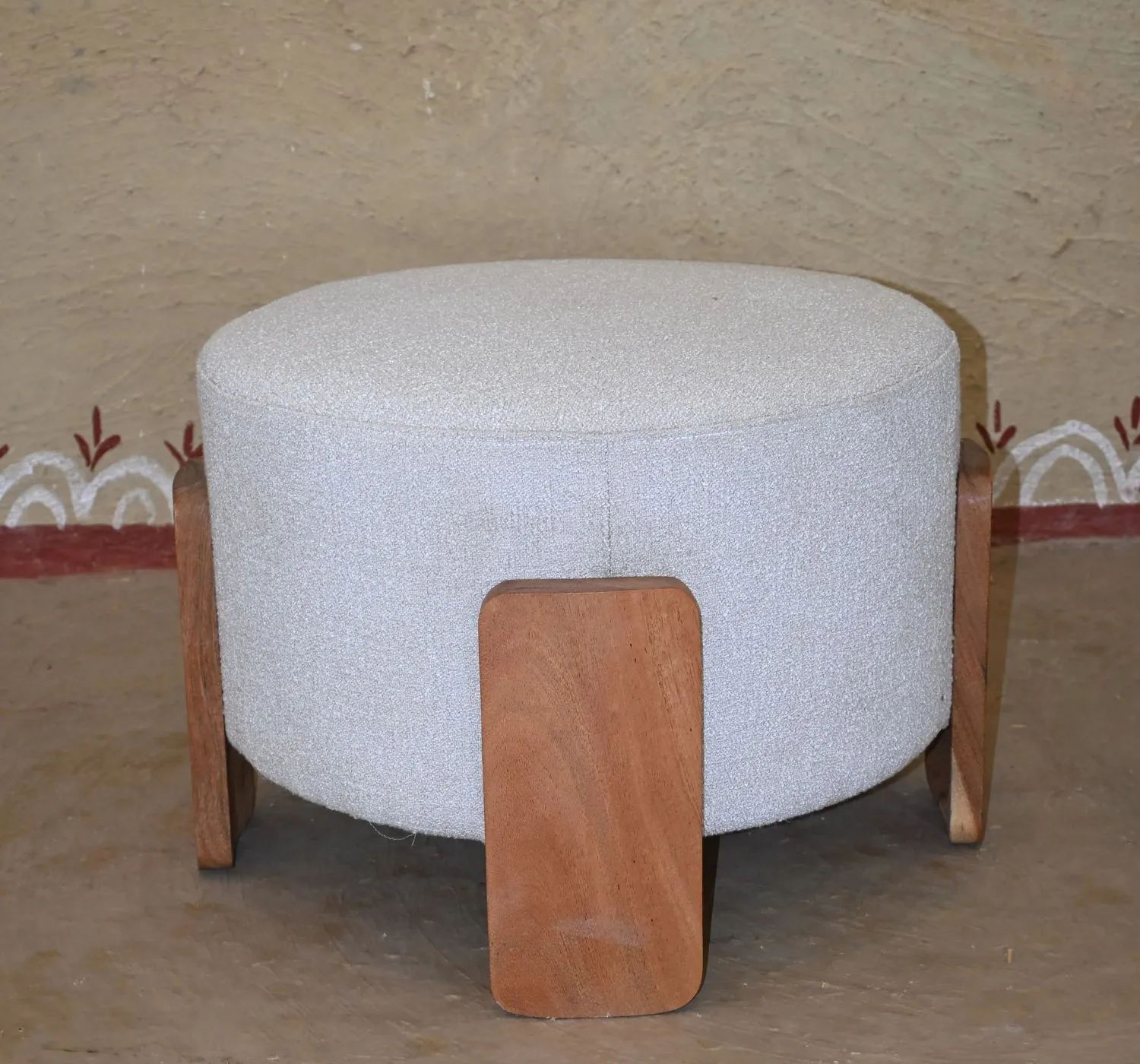 1_result Craftindo Round Upholstered Wooden Ottoman - Image 1