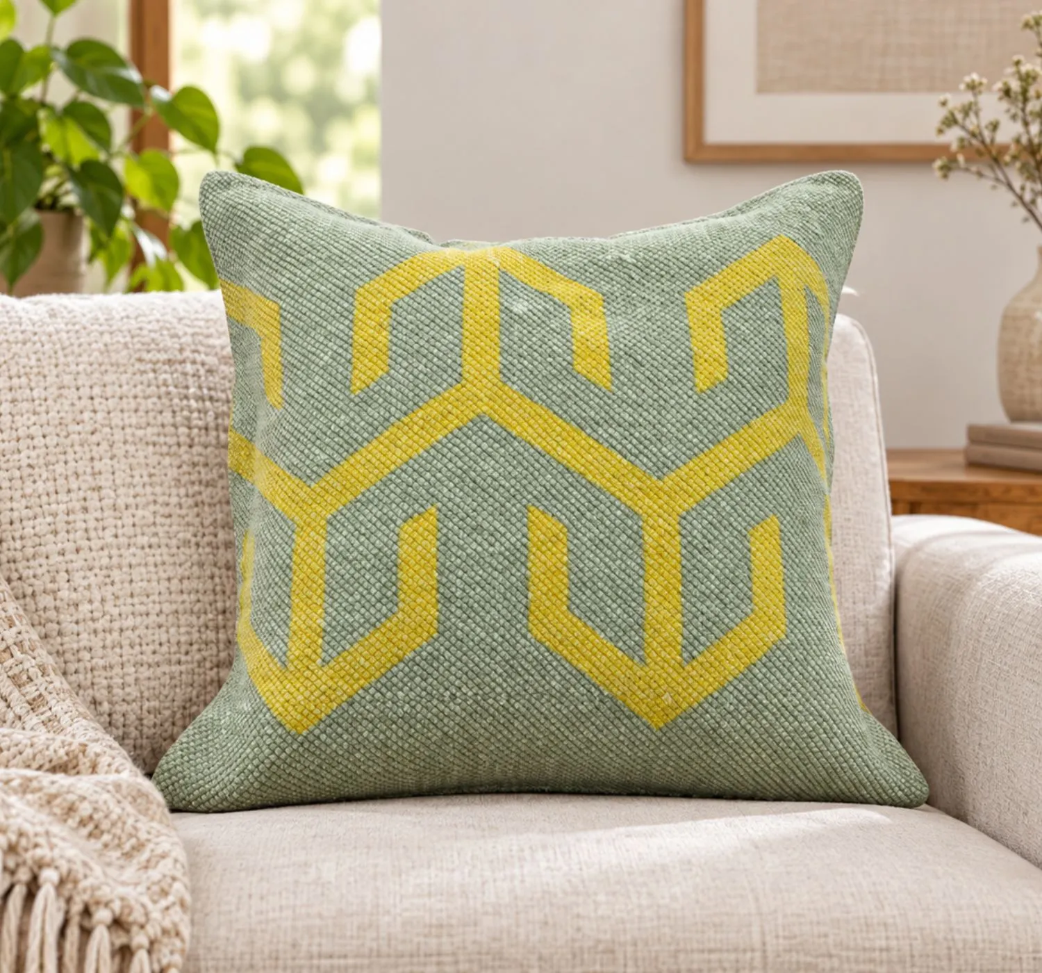 1_result Grey & Yellow Geometric Cushion Cover | Craftindo - Image 1