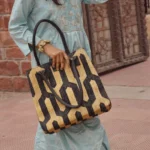 Handmade Black & Beige Jute Tote Bag | Geometric Handwoven Shoulder Bag | Craftindo