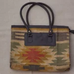 Handmade Multicolor Jute Tote Bag | Geometric Woven Handbag with Black Handles | Craftindo