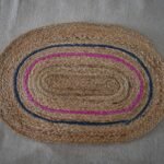 Handmade Natural Jute Oval Rug with Pink & Blue Border | Braided Floor Mat | Craftindo