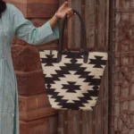 Handmade Black & Cream Jute Tote Bag | Geometric Woven Shoulder Bag | Craftindo