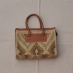 Handmade Beige & Olive Jute Tote Bag | Geometric Woven Handbag with Brown Handles | Craftindo