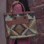 Handmade Multicolor Jute Handbag | Geometric Woven Tote Bag with Brown Handles | Craftindo