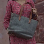Handmade Rust & Grey Jute Tote Bag | Traditional Geometric Woven Handbag | Craftindo