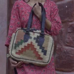 Handmade Multicolor Jute Handbag | Geometric Woven Shoulder Bag with Dark Handles | Craftindo