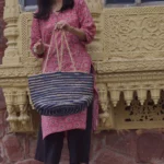 Handmade Blue & Natural Jute Tote Bag | Striped Braided Shoulder Bag | Craftindo
