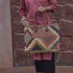 Handmade Multicolor Jute Handbag | Geometric Woven Tote Bag with Brown Handles | Craftindo